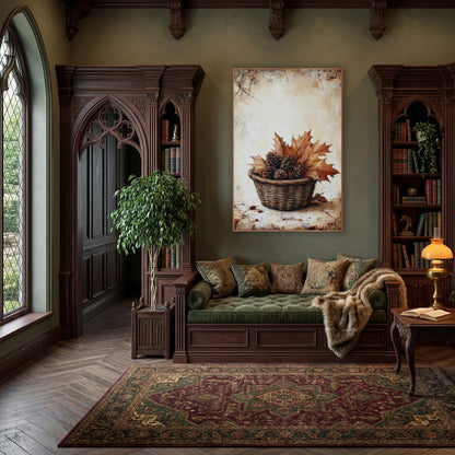 Sepia Pinecone Maple Basket Farmhouse wall art in a moody dark academia room – woven basket of pinecones and dry