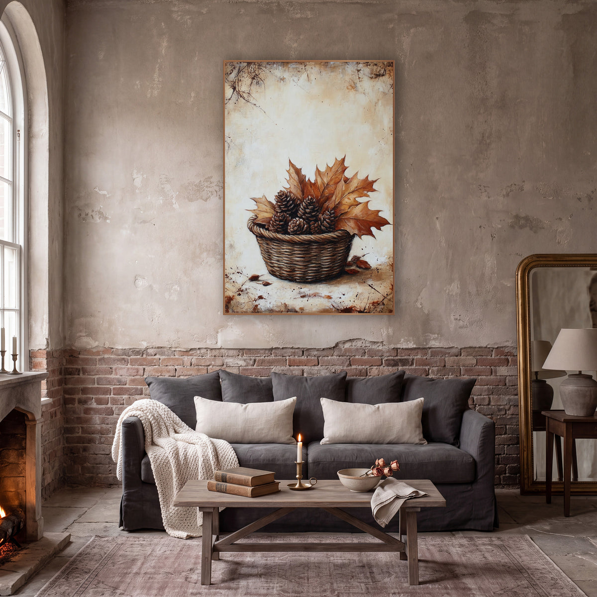 Sepia Pinecone Maple Basket Farmhouse wall art in a moody dark academia room – woven basket of pinecones and dry