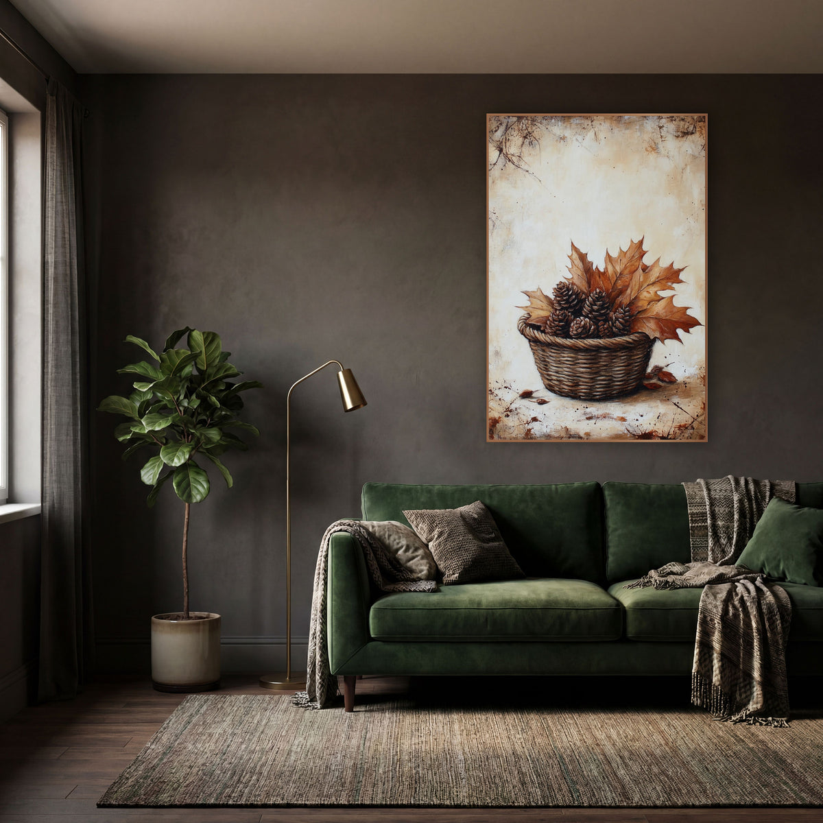 Sepia Pinecone Maple Basket Farmhouse wall art in a moody dark academia room – woven basket of pinecones and dry