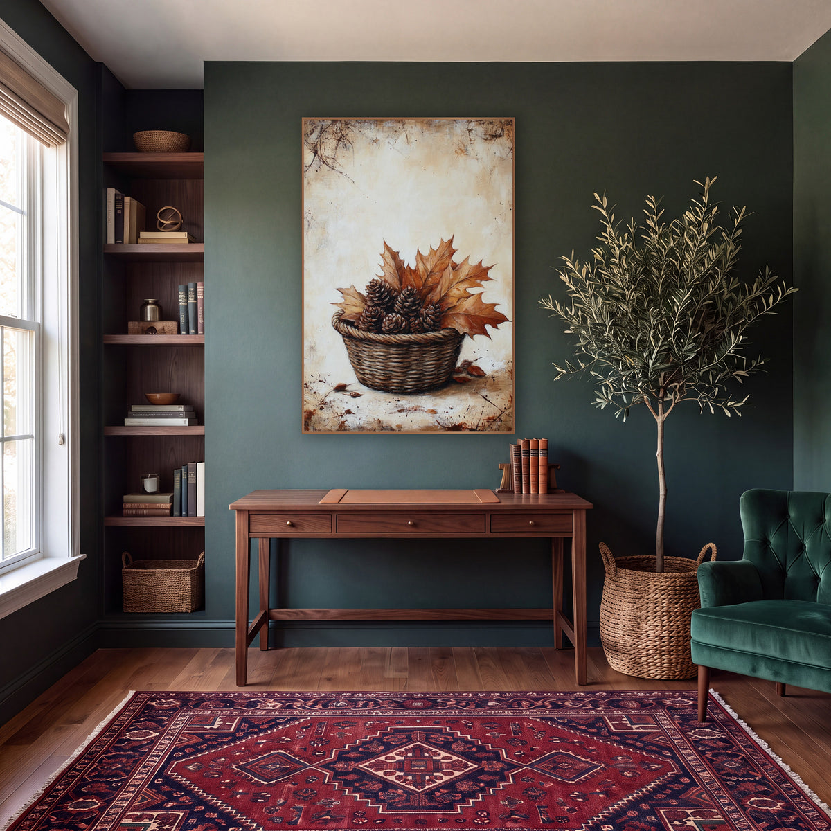 Sepia Pinecone Maple Basket Farmhouse wall art in a moody dark academia room – woven basket of pinecones and dry