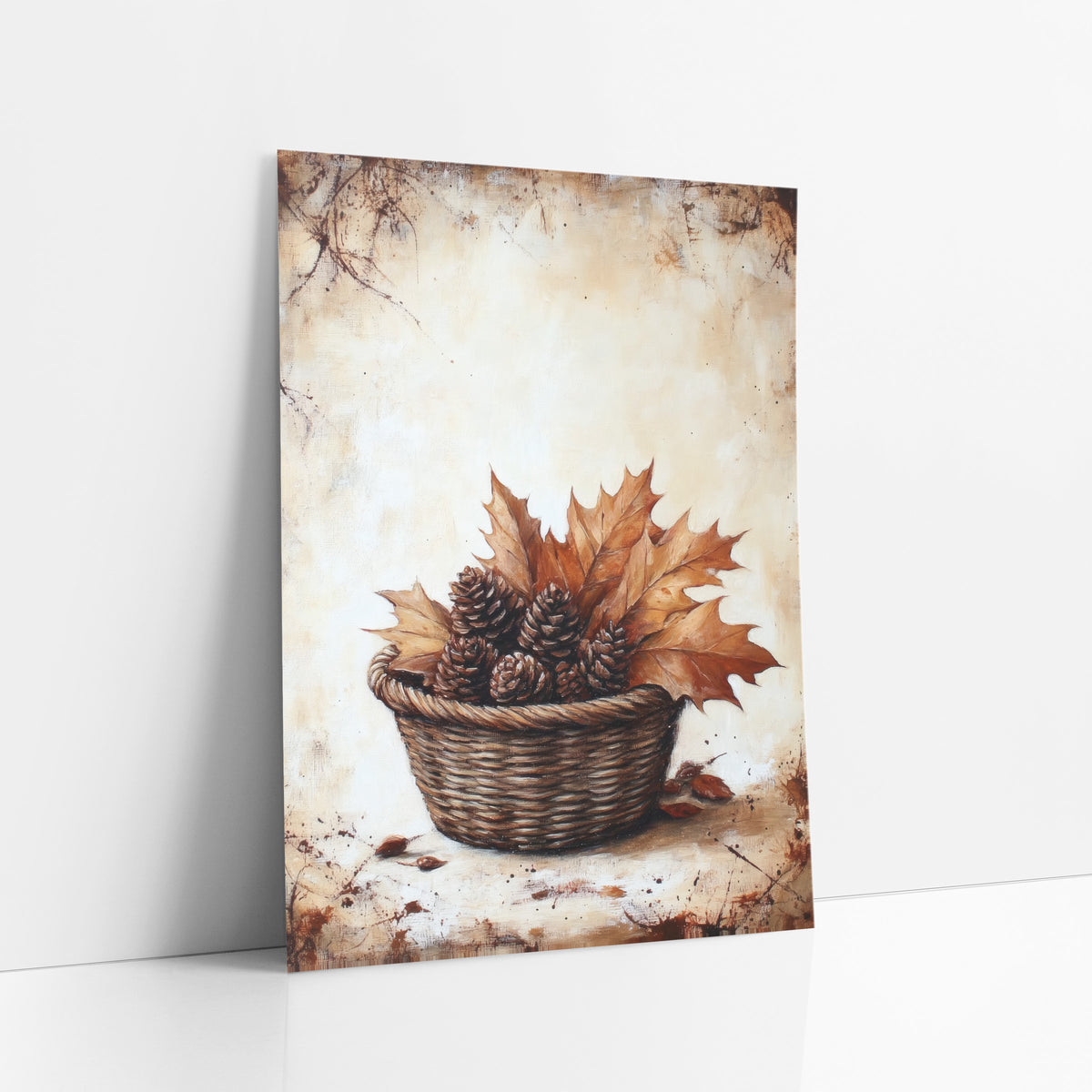 Sepia Pinecone Maple Basket Farmhouse art print leaning against a white wall – woven basket of pinecones and dry copper