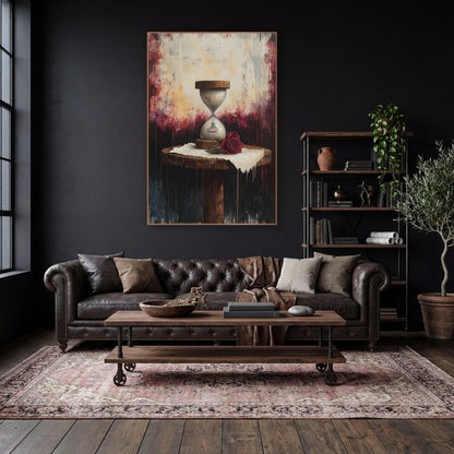 Crimson Drip Hourglass Gothic wall art in a moody dark academia room – dark academia still life of a wooden hourglass