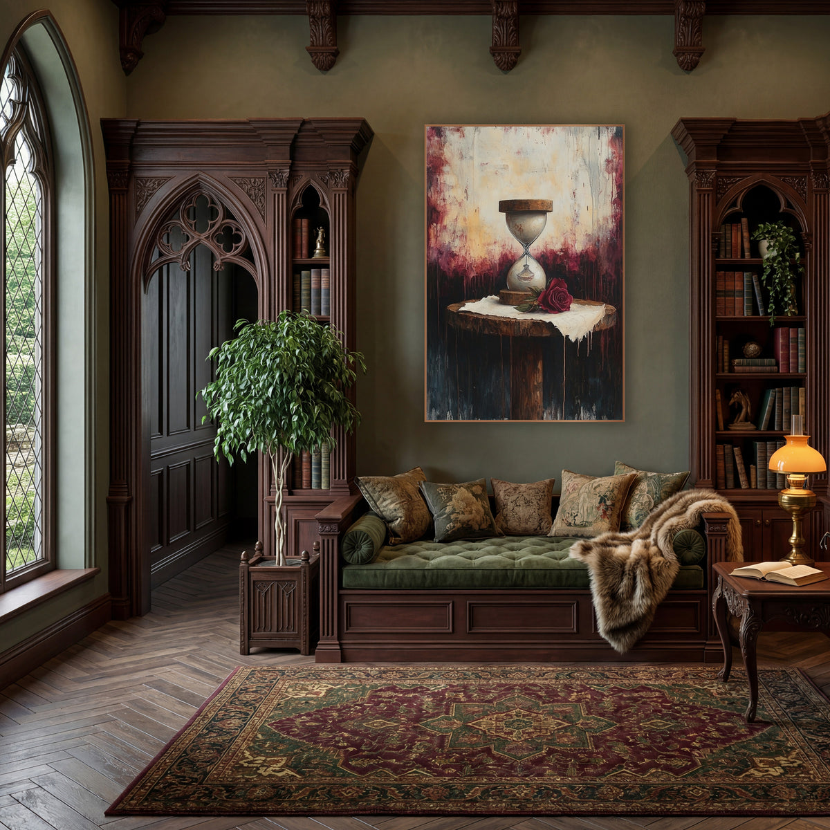 Crimson Drip Hourglass Gothic wall art in a moody dark academia room – dark academia still life of a wooden hourglass