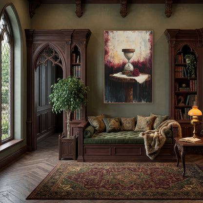 Crimson Drip Hourglass Gothic wall art in a moody dark academia room – dark academia still life of a wooden hourglass