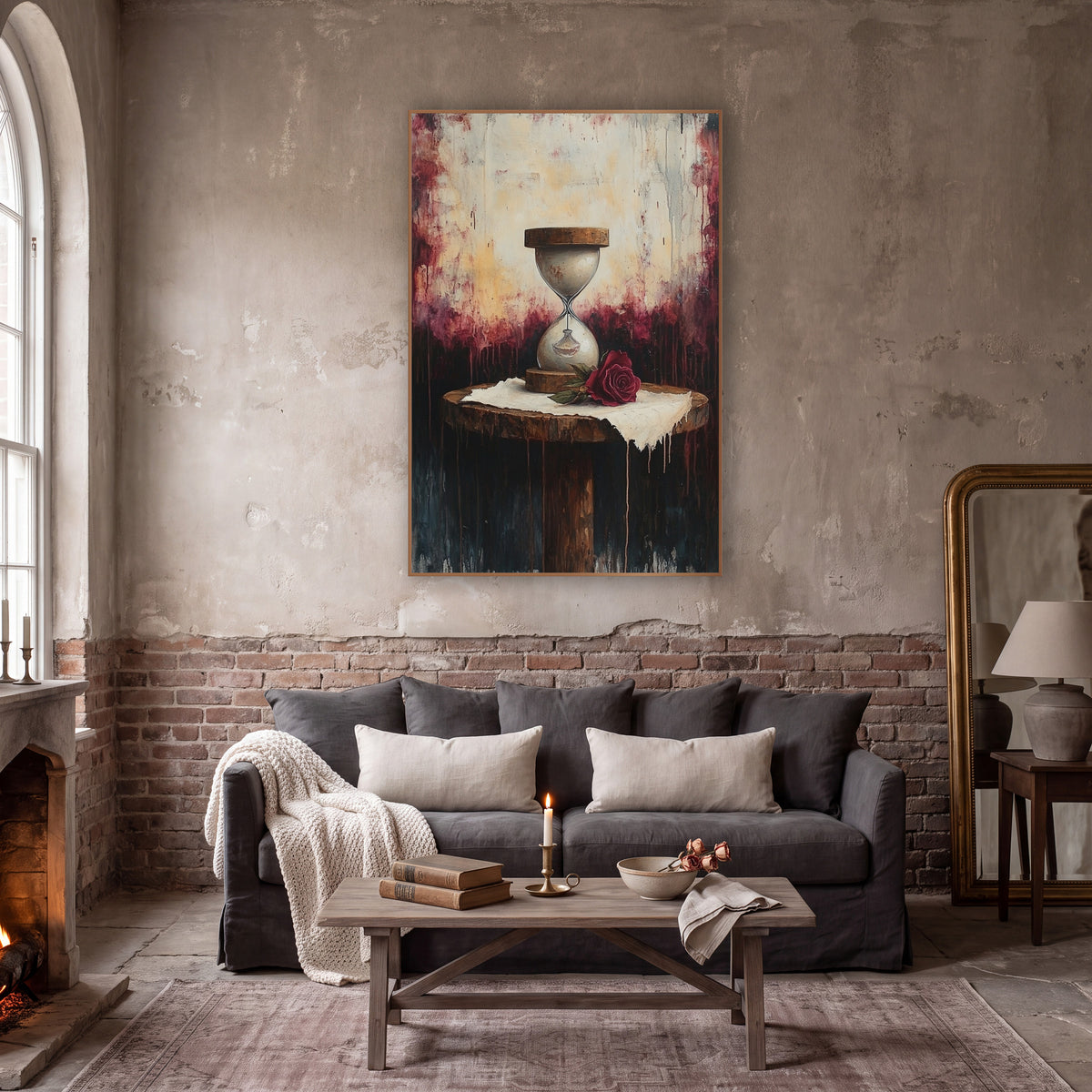 Crimson Drip Hourglass Gothic wall art in a moody dark academia room – dark academia still life of a wooden hourglass