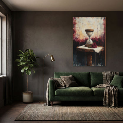 Crimson Drip Hourglass Gothic wall art in a moody dark academia room – dark academia still life of a wooden hourglass