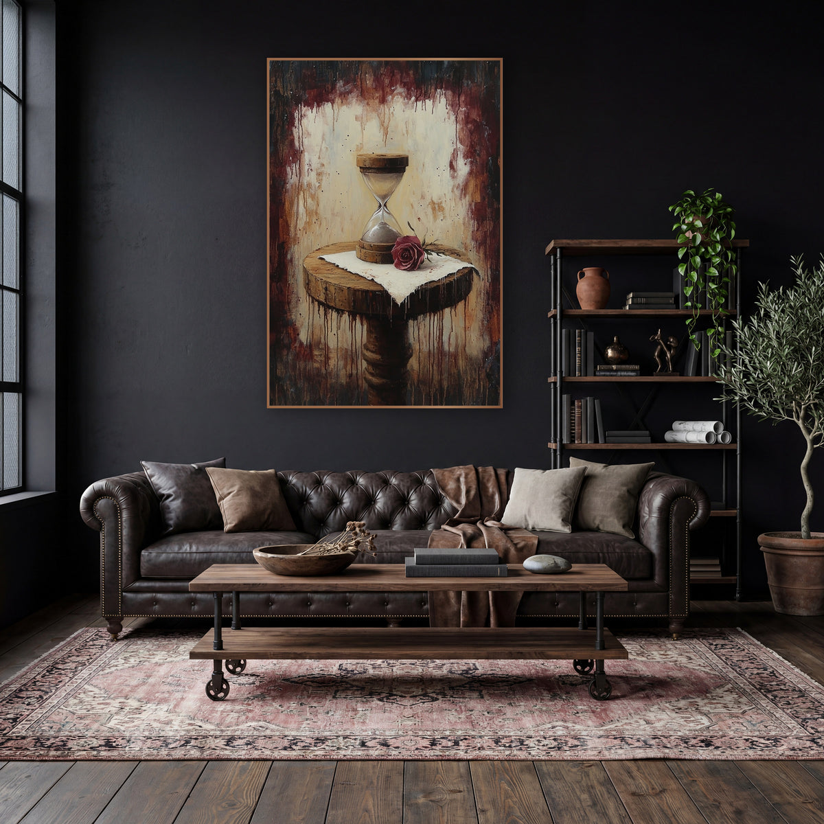 Pedestal Hourglass Rose Moody Classic wall art in a moody dark academia room – wooden hourglass and burgundy rose