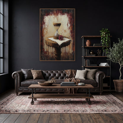 Pedestal Hourglass Rose Moody Classic wall art in a moody dark academia room – wooden hourglass and burgundy rose