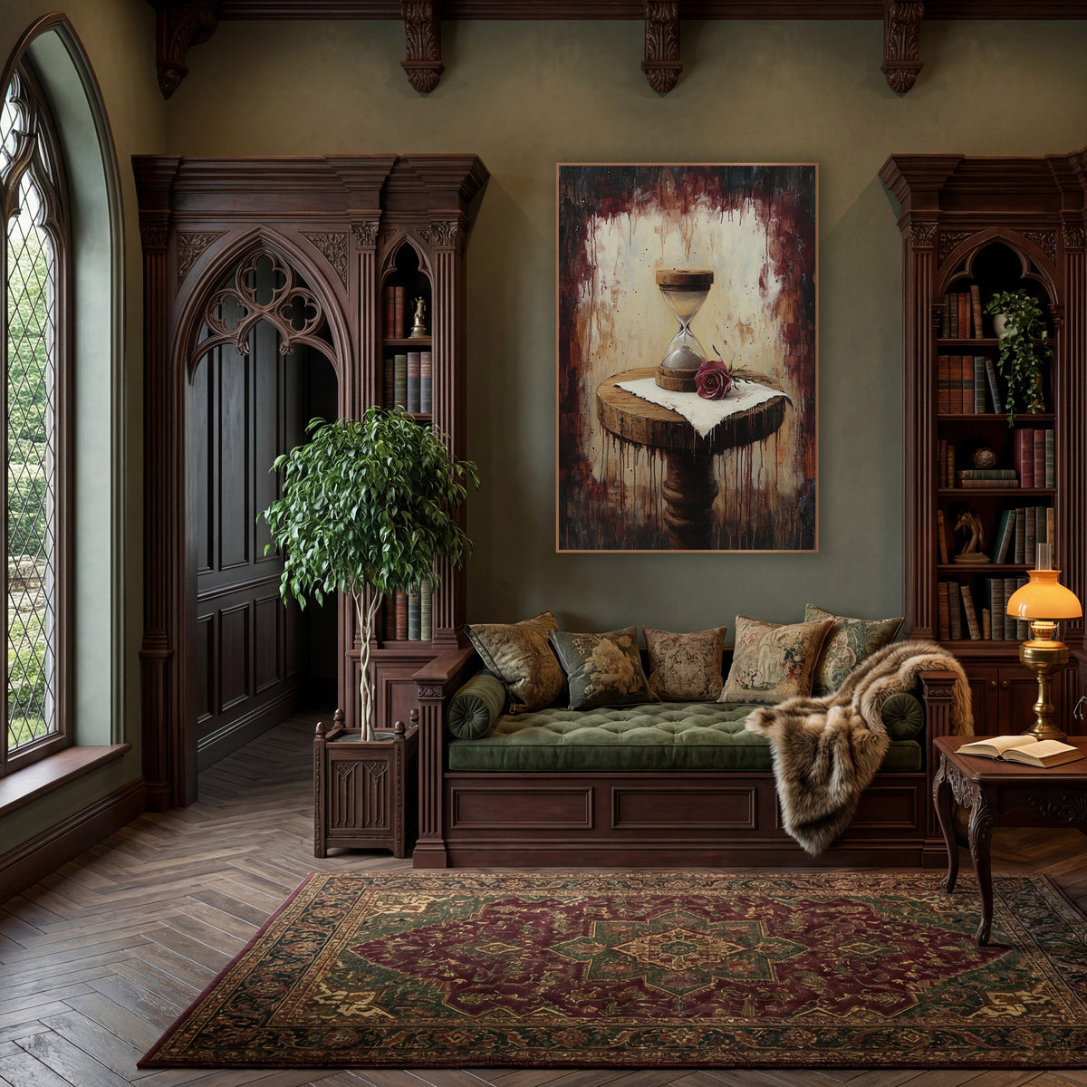 Pedestal Hourglass Rose Moody Classic wall art in a moody dark academia room – wooden hourglass and burgundy rose