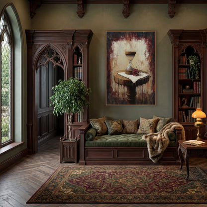 Pedestal Hourglass Rose Moody Classic wall art in a moody dark academia room – wooden hourglass and burgundy rose