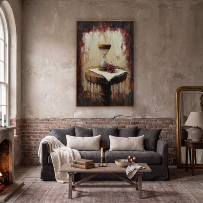 Pedestal Hourglass Rose Moody Classic wall art in a moody dark academia room – wooden hourglass and burgundy rose