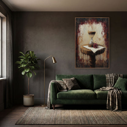 Pedestal Hourglass Rose Moody Classic wall art in a moody dark academia room – wooden hourglass and burgundy rose