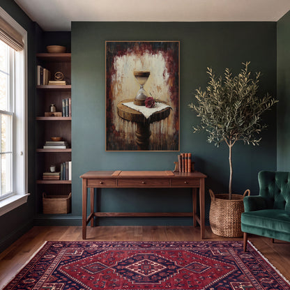 Pedestal Hourglass Rose Moody Classic wall art in a moody dark academia room – wooden hourglass and burgundy rose
