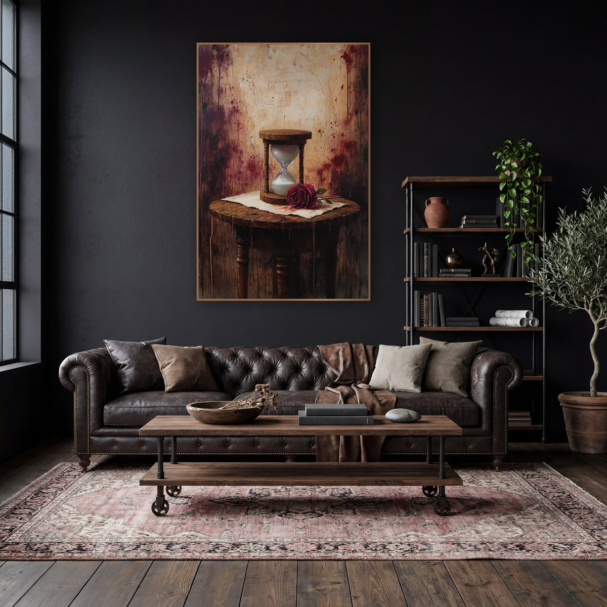 Spindle Table Hourglass Splatter Gothic wall art in a moody dark academia room – wooden hourglass with white sand