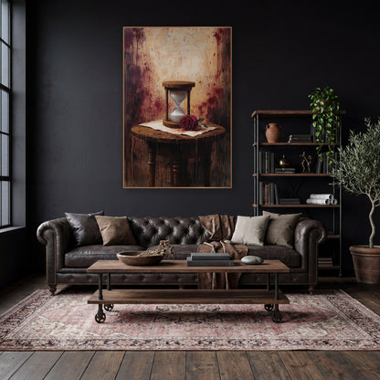 Spindle Table Hourglass Splatter Gothic wall art in a moody dark academia room – wooden hourglass with white sand