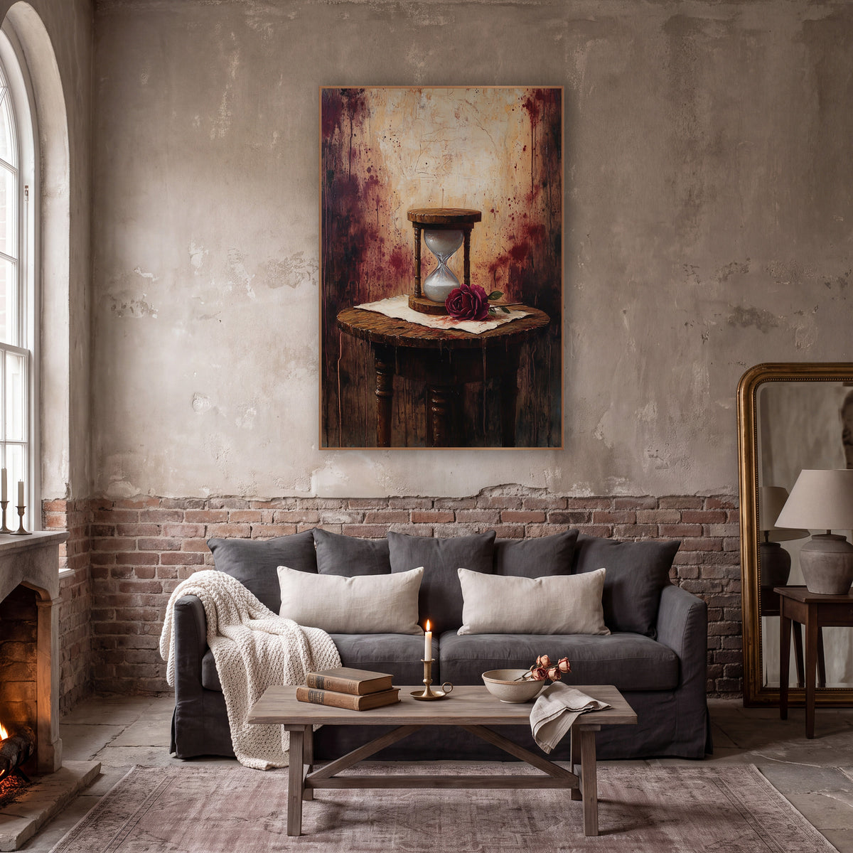 Spindle Table Hourglass Splatter Gothic wall art in a moody dark academia room – wooden hourglass with white sand