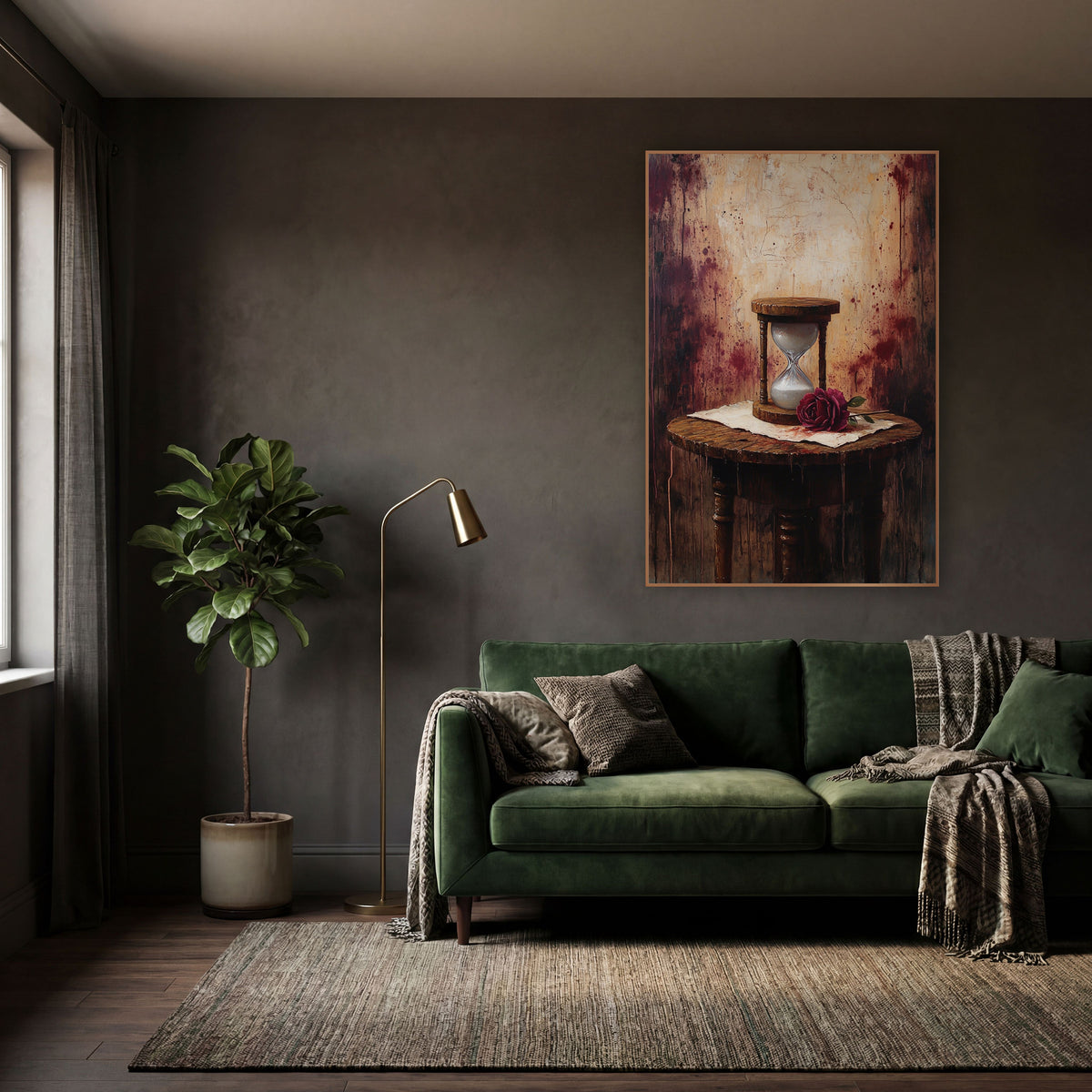 Spindle Table Hourglass Splatter Gothic wall art in a moody dark academia room – wooden hourglass with white sand