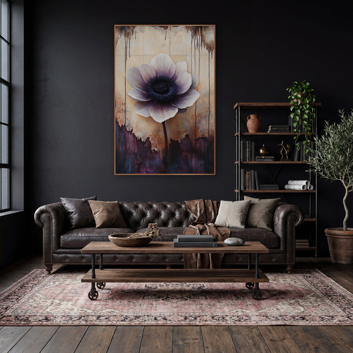 Torn Parchment Anemone Dark Academia wall art in a moody dark academia room – large ivory and plum anemone with a dark