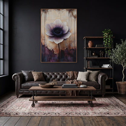 Torn Parchment Anemone Dark Academia wall art in a moody dark academia room – large ivory and plum anemone with a dark