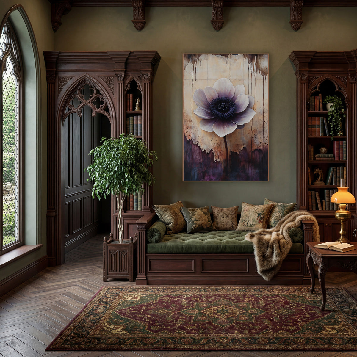 Torn Parchment Anemone Dark Academia wall art in a moody dark academia room – large ivory and plum anemone with a dark