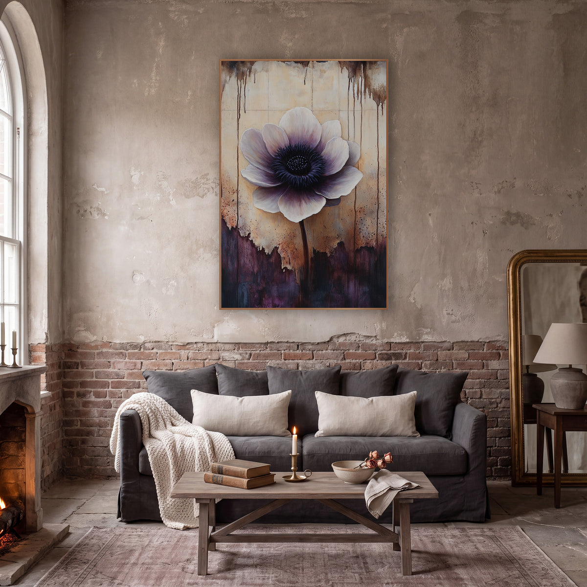 Torn Parchment Anemone Dark Academia wall art in a moody dark academia room – large ivory and plum anemone with a dark