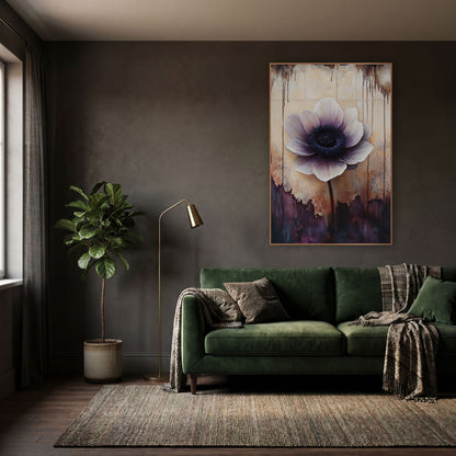 Torn Parchment Anemone Dark Academia wall art in a moody dark academia room – large ivory and plum anemone with a dark