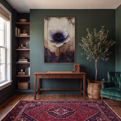 Torn Parchment Anemone Dark Academia wall art in a moody dark academia room – large ivory and plum anemone with a dark