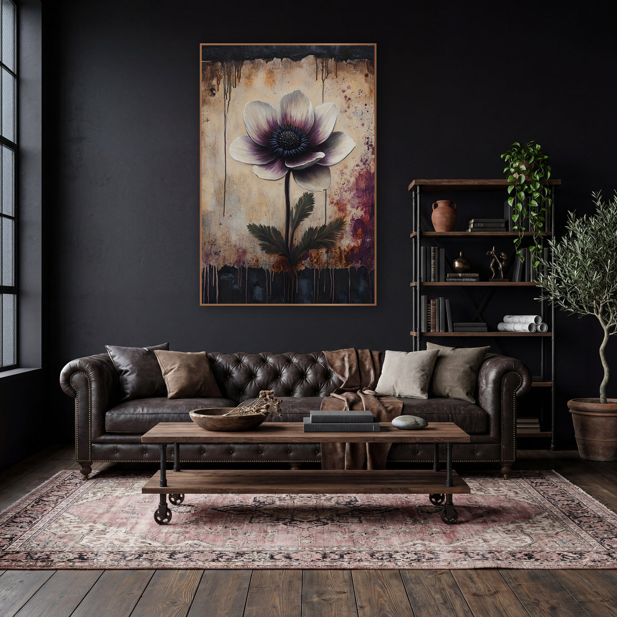 Plum Anemone Dripping Dark Border Moody wall art in a moody dark academia room – ivory and plum anemone with dark