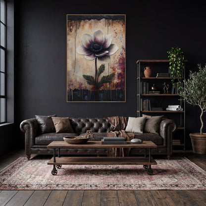 Plum Anemone Dripping Dark Border Moody wall art in a moody dark academia room – ivory and plum anemone with dark