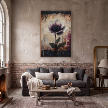 Plum Anemone Dripping Dark Border Moody wall art in a moody dark academia room – ivory and plum anemone with dark
