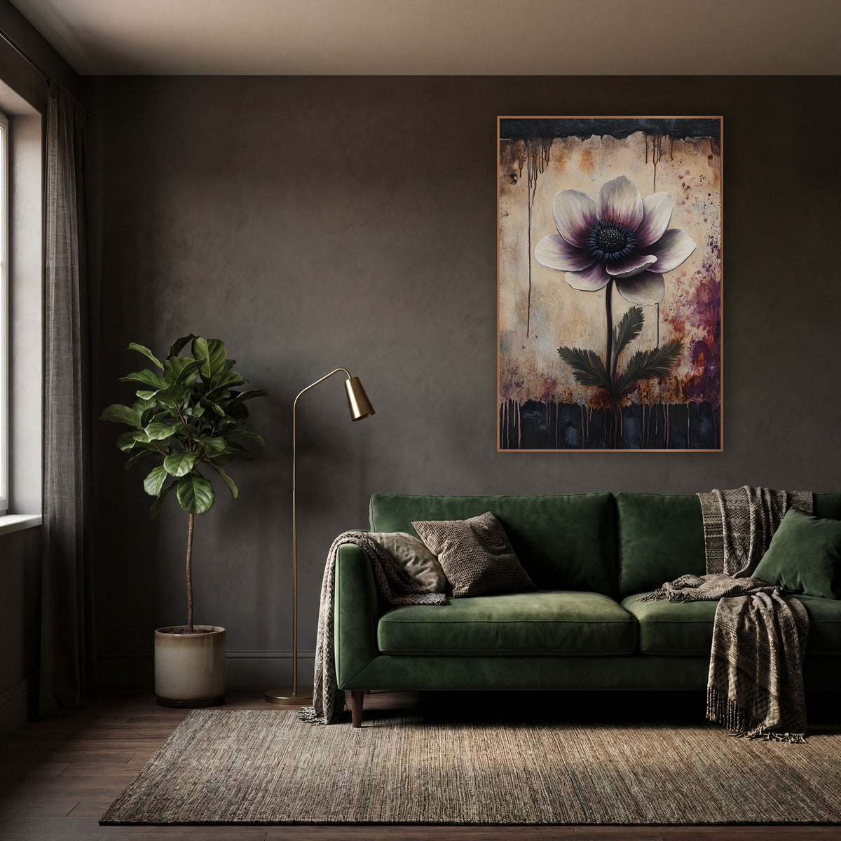 Plum Anemone Dripping Dark Border Moody wall art in a moody dark academia room – ivory and plum anemone with dark