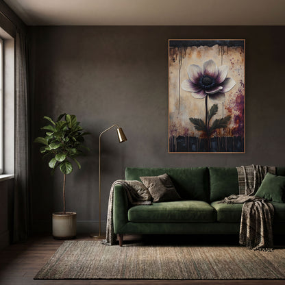 Plum Anemone Dripping Dark Border Moody wall art in a moody dark academia room – ivory and plum anemone with dark