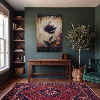 Plum Anemone Dripping Dark Border Moody wall art in a moody dark academia room – ivory and plum anemone with dark