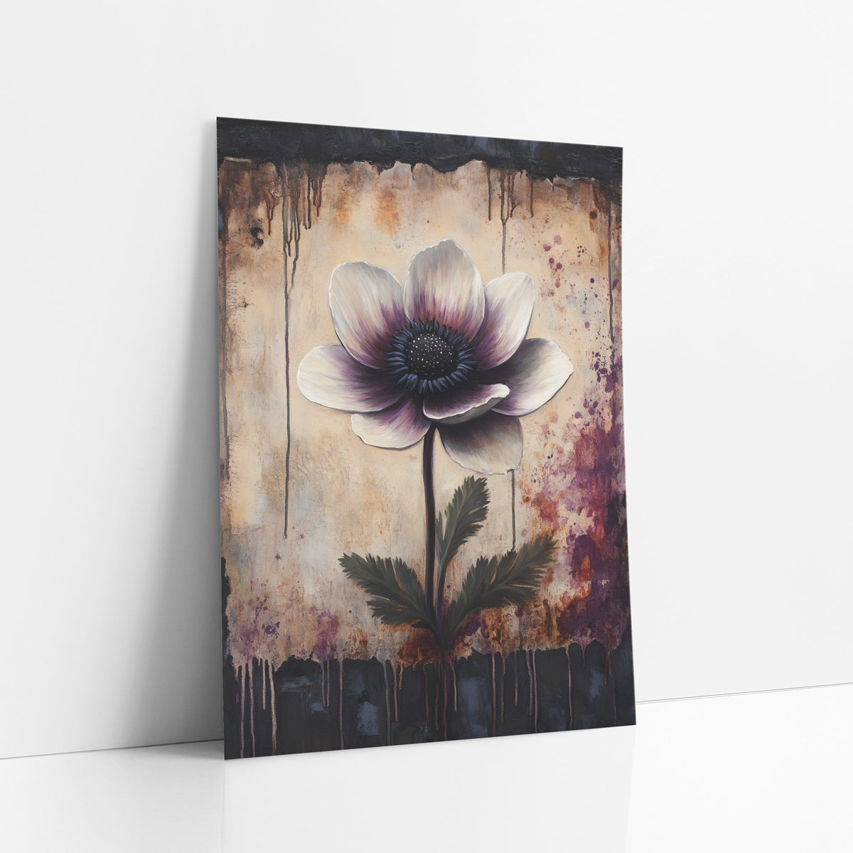 Plum Anemone Dripping Dark Border Moody art print leaning against a white wall – ivory and plum anemone with dark center