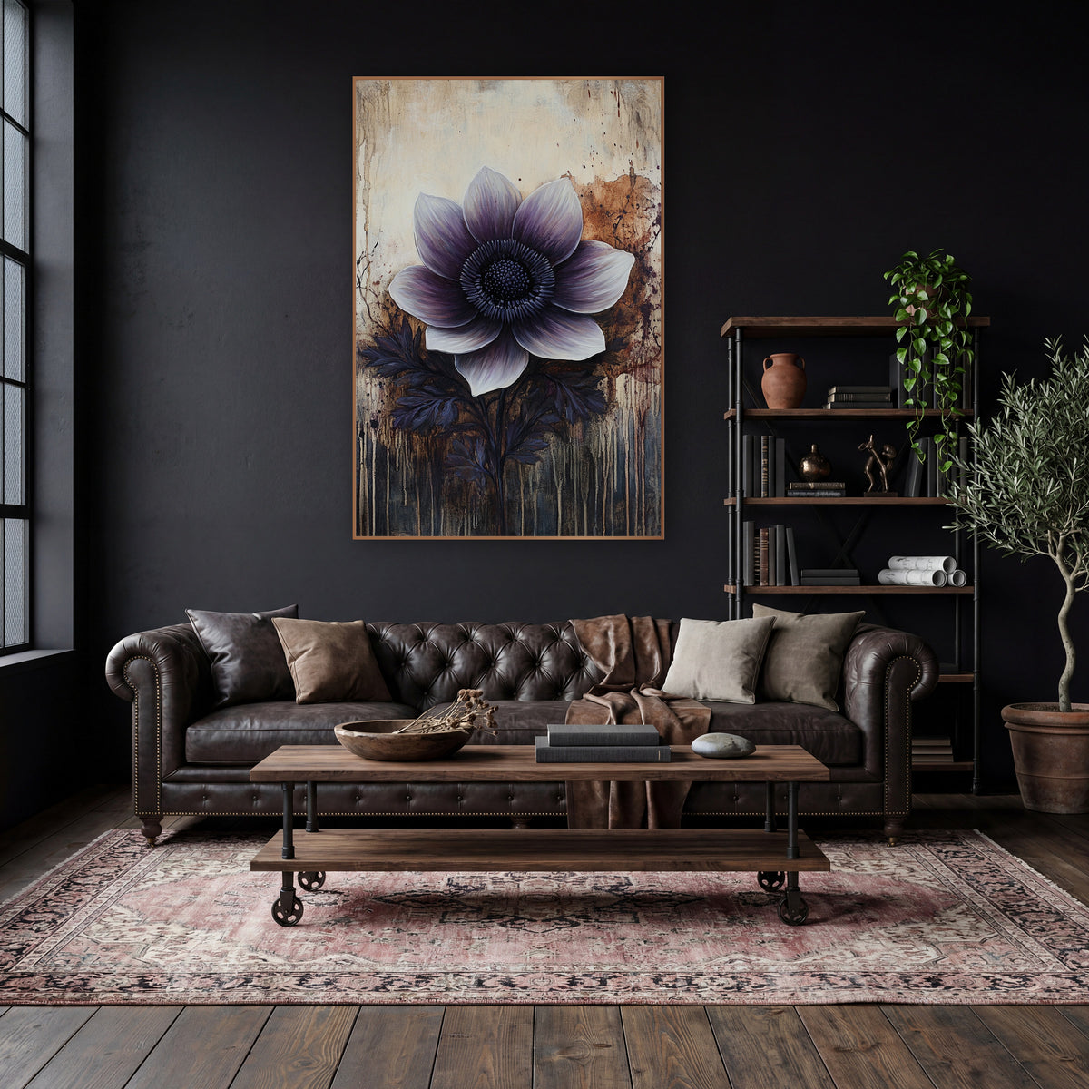 Rust Splatter Violet Anemone Moody wall art in a moody dark academia room – large plum and white anemone with dark
