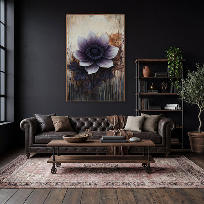 Rust Splatter Violet Anemone Moody wall art in a moody dark academia room – large plum and white anemone with dark