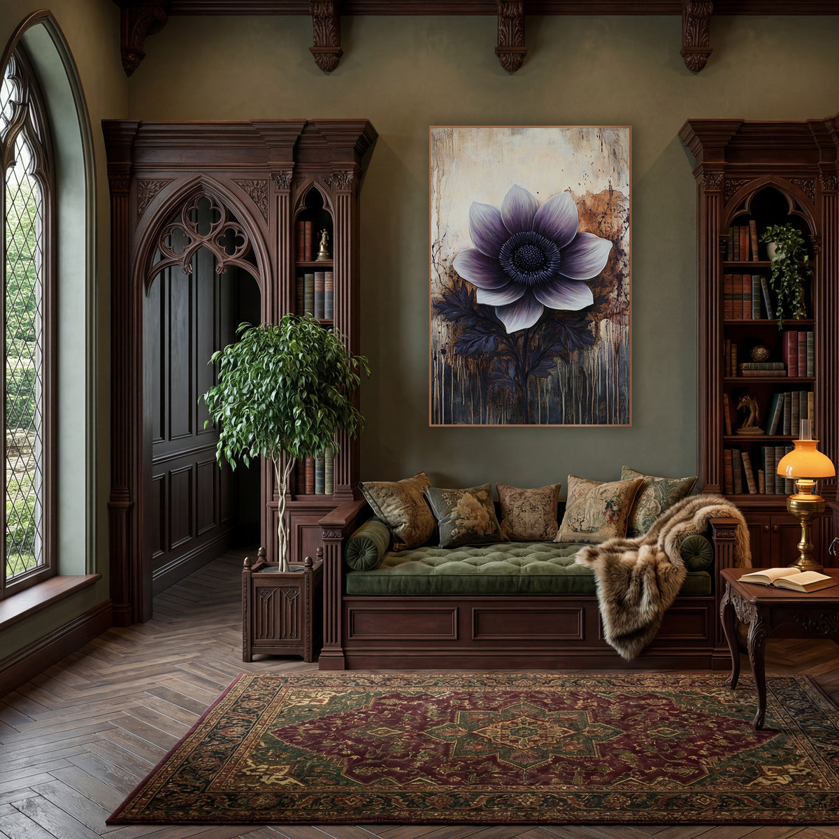 Rust Splatter Violet Anemone Moody wall art in a moody dark academia room – large plum and white anemone with dark