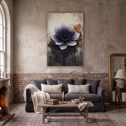Rust Splatter Violet Anemone Moody wall art in a moody dark academia room – large plum and white anemone with dark