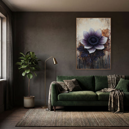 Rust Splatter Violet Anemone Moody wall art in a moody dark academia room – large plum and white anemone with dark