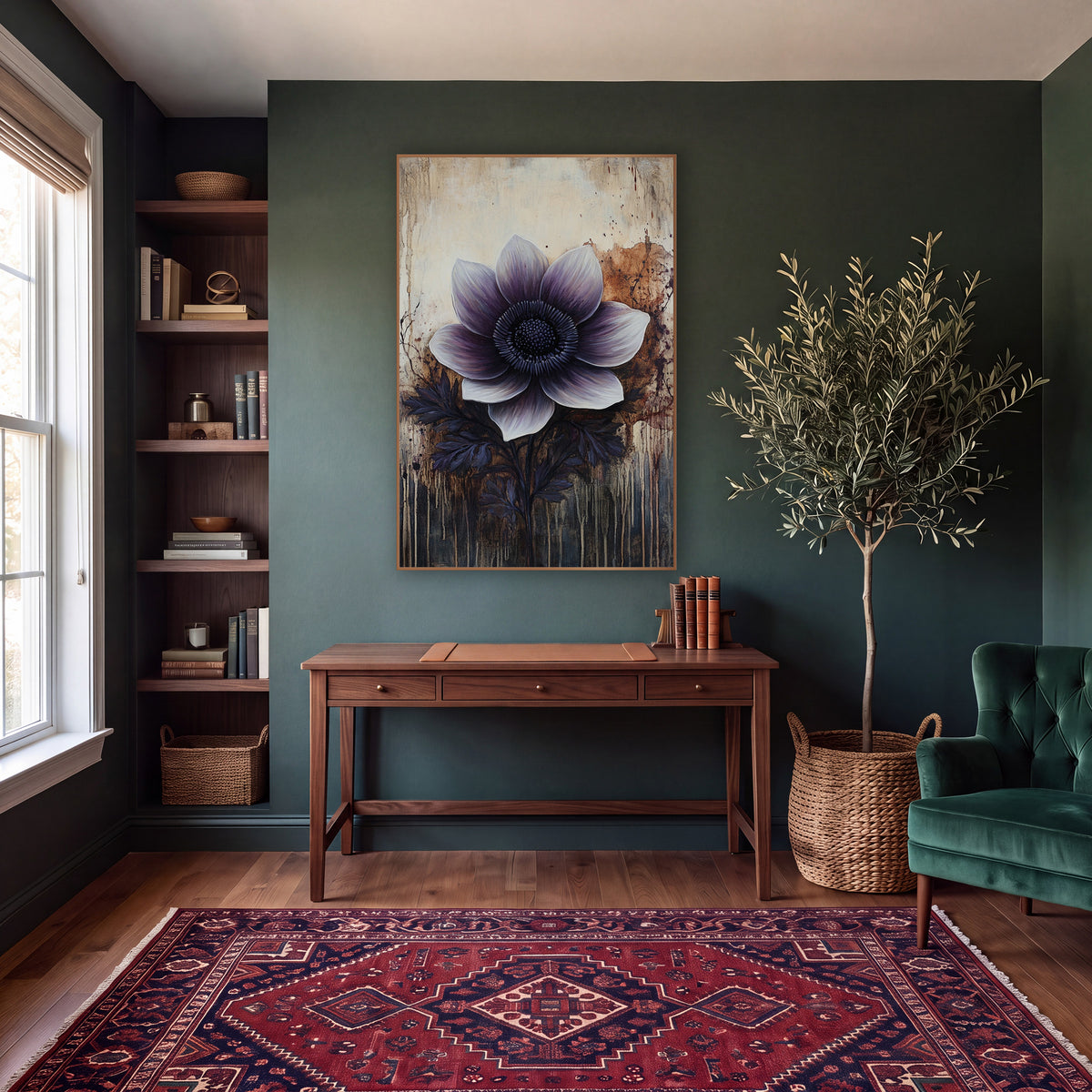Rust Splatter Violet Anemone Moody wall art in a moody dark academia room – large plum and white anemone with dark