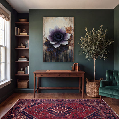 Rust Splatter Violet Anemone Moody wall art in a moody dark academia room – large plum and white anemone with dark