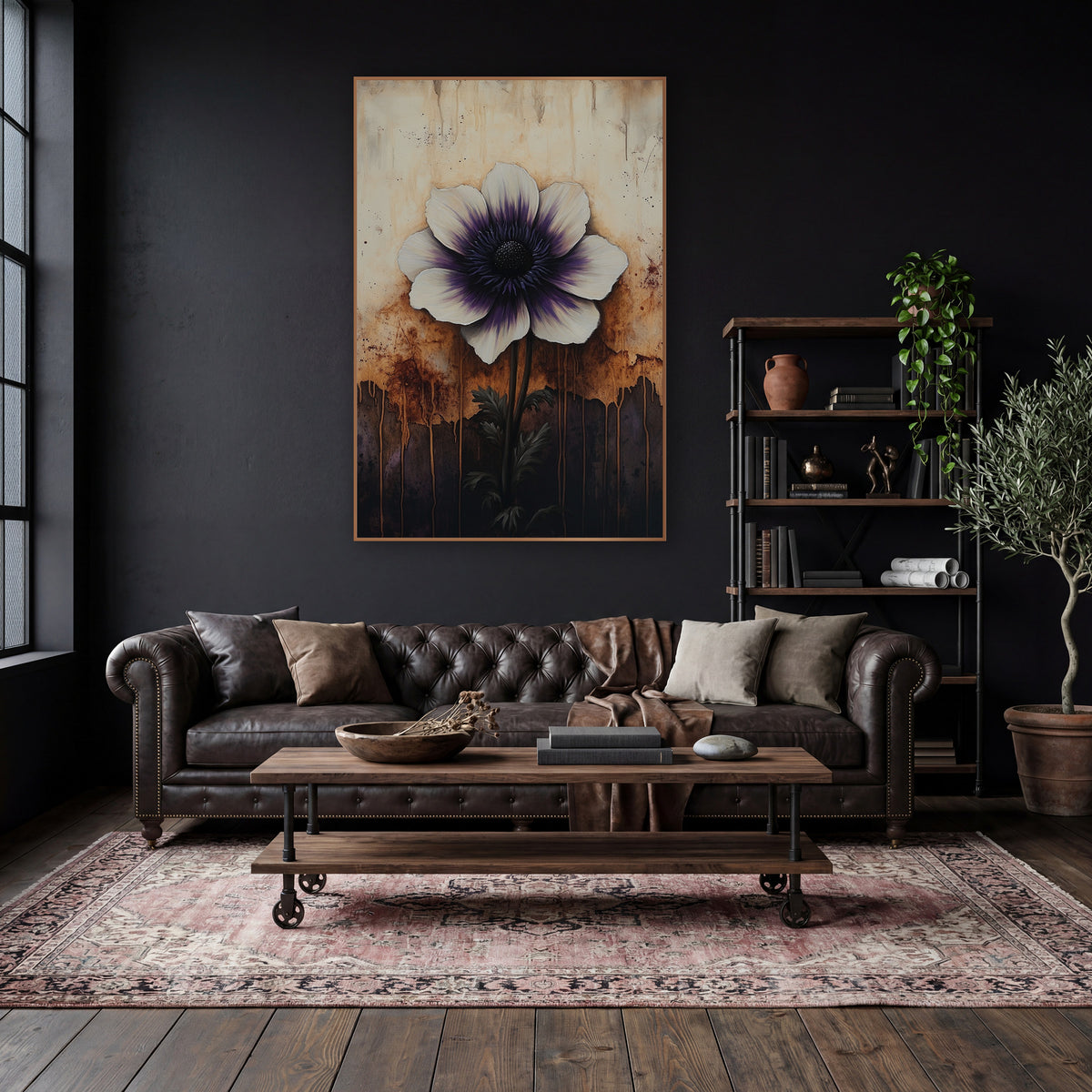 Purple Centered Anemone Dark Floral wall art in a moody dark academia room – white anemone with purple center
