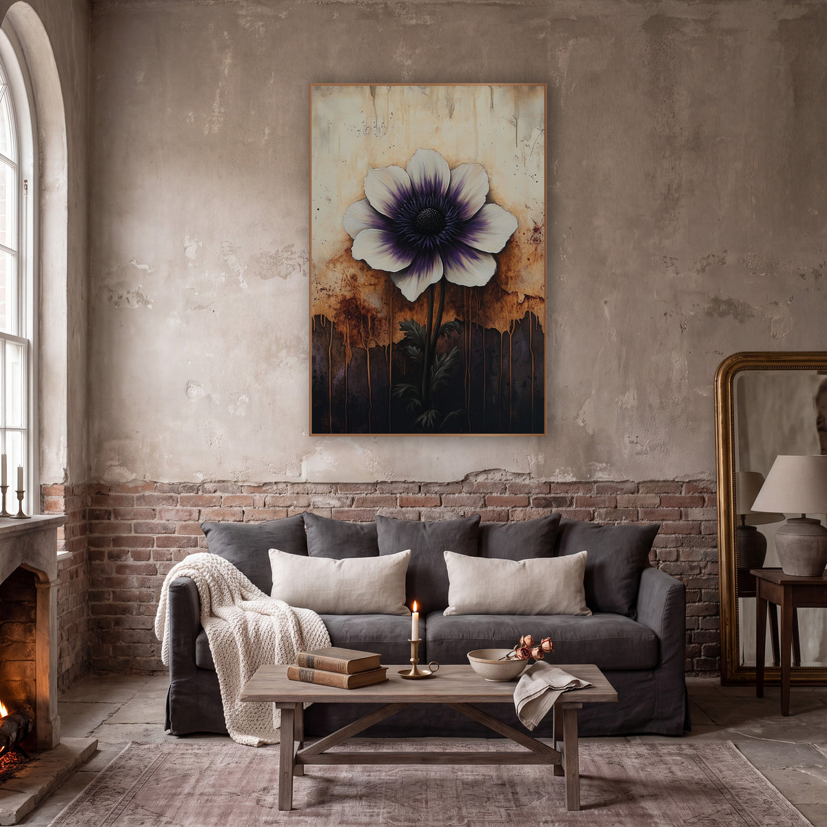 Purple Centered Anemone Dark Floral wall art in a moody dark academia room – white anemone with purple center