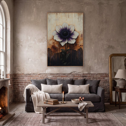 Purple Centered Anemone Dark Floral wall art in a moody dark academia room – white anemone with purple center