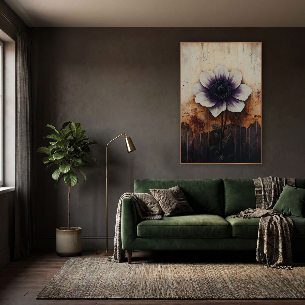 Purple Centered Anemone Dark Floral wall art in a moody dark academia room – white anemone with purple center