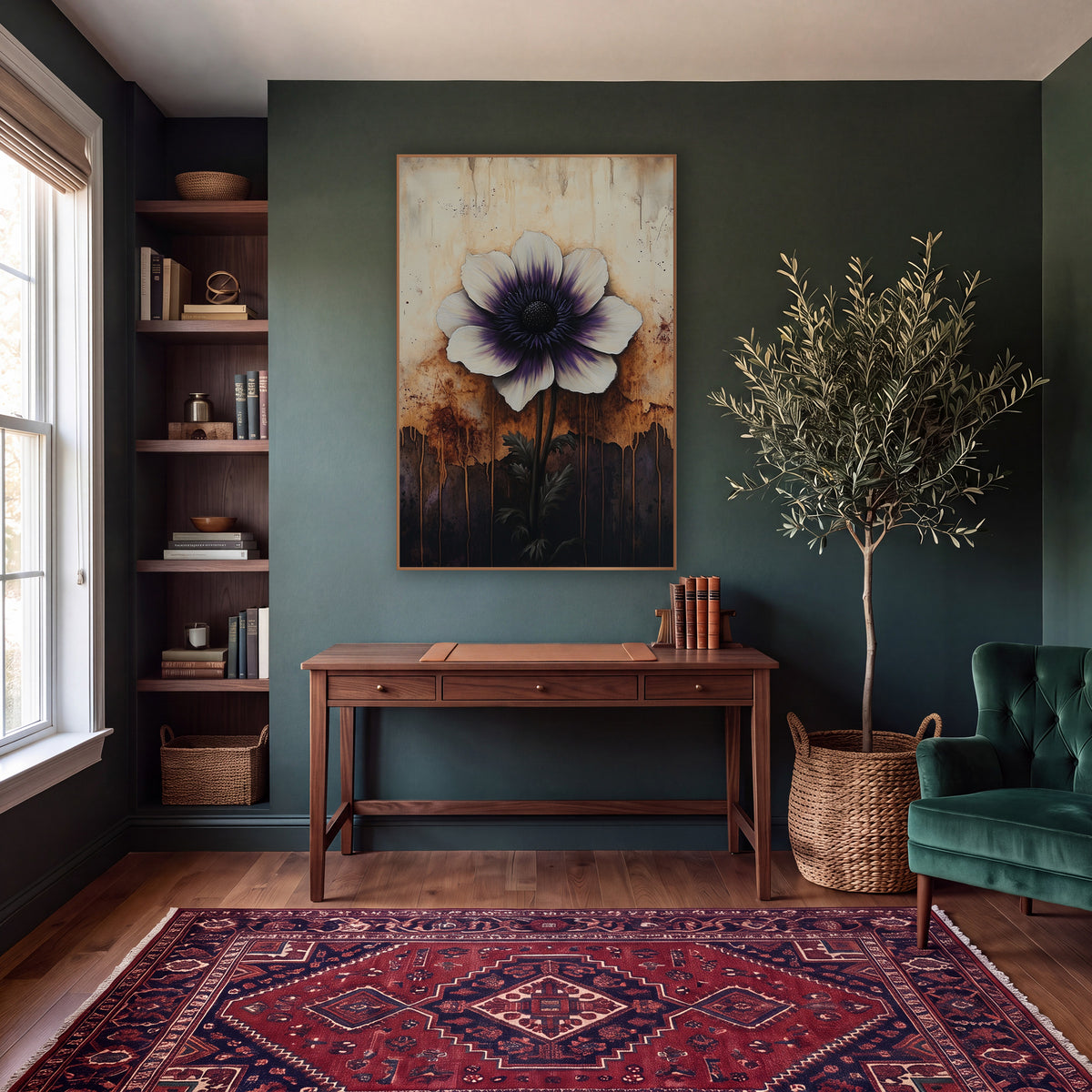 Purple Centered Anemone Dark Floral wall art in a moody dark academia room – white anemone with purple center