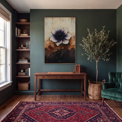 Purple Centered Anemone Dark Floral wall art in a moody dark academia room – white anemone with purple center