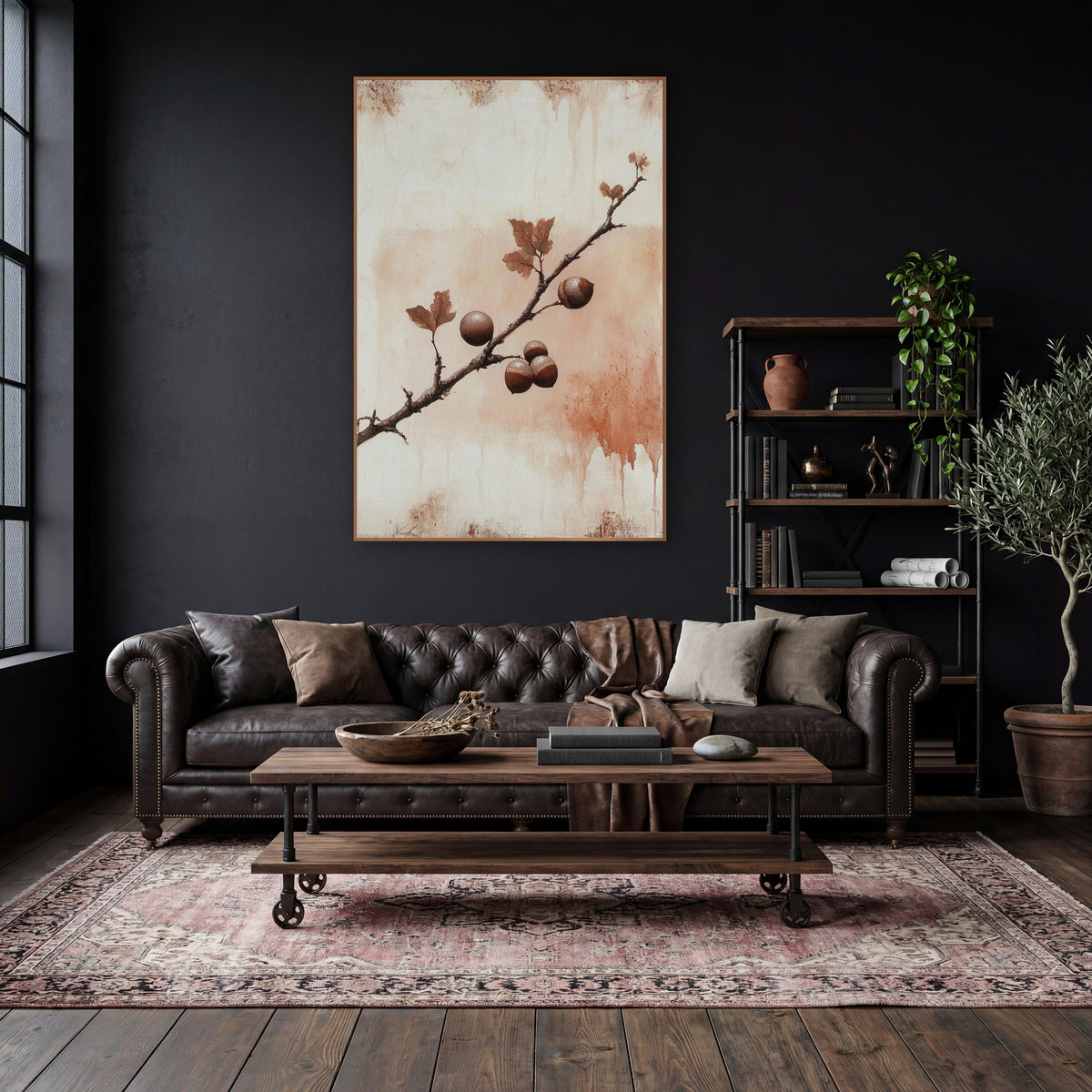 Rust Oak Branch Dark Academia wall art in a moody dark academia room – dark oak branch with five glossy brown nuts