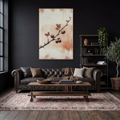 Rust Oak Branch Dark Academia wall art in a moody dark academia room – dark oak branch with five glossy brown nuts