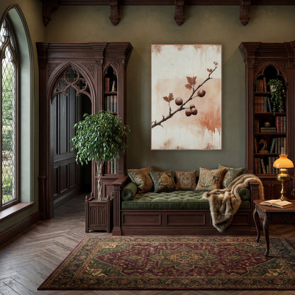Rust Oak Branch Dark Academia wall art in a moody dark academia room – dark oak branch with five glossy brown nuts